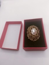 Victorian Revival Vintage Brooch Faux Pearlescent Ctr. Intricate Metal With Box 