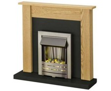 ELECTRIC FIRE OAK FIREPLACE SURROUND BLACK HEARTH BRUSHED STEEL PEBBLES BNIB