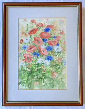 Vintage Watercolour Painting Poppies & Cornflowers Signed - Framed Original Art
