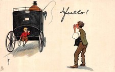 POSTCARD COMIC  WRITE AWAY - HANSOM CAB - LAD - CHEEK   -  LANCE THACKERAY