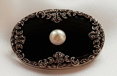 Brooch black onyx pearl - black, ~