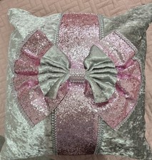 Grey & pink Plush Velvet Bespoke Sparkle Glitter Panel Bow Cushion
