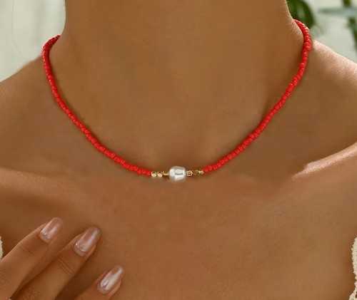 Red bead coral with pearl - red,