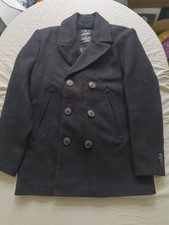 Superdry Merchant Line Black Pea Coat L Premium Naval Melton Wool Blend Jacket