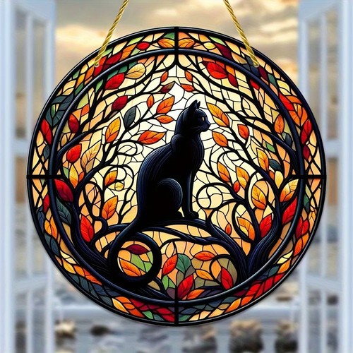 Black cat stained window - cat,
