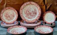 14 Pce Set Staffordshire Pink & White Ironstone "Water Mill" Pattern Tableware