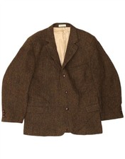 HARRIS TWEED Mens Long 3 Button Blazer Jacket UK 44 2XL Brown Herringbone PJ01