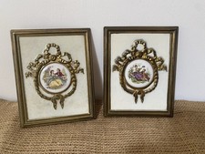 Vintage Watteau Porcelain Plaque Metal Framed Picture x 2 Garland Wall Hanging