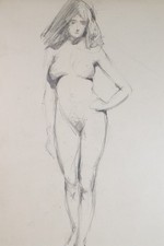 Original Pencil Drawing, 'Female Standing Nude', Dated 1902, Initials GR