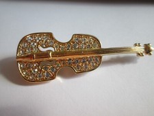 Vintage Clear Crystal Violin Brooch Gold Plated Metal Pin Musical Instrument