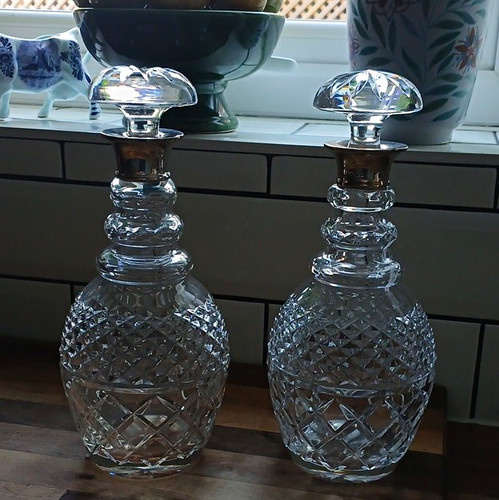 Pair clear cut glass decanters - clear,