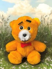 Vintage 1970s Tebro Teddy Bear 14” Yellow With A Red Bow Tie Felt Eyebrows VGC