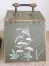 ANTIQUE VINTAGE METAL & BRASS HAND PAINTED COAL SCUTTLE LINER SHOVEL BIRD DESIGN