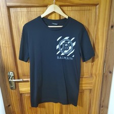 BALMAIN PARIS T-shirt Mens Cotton Slim Fit Crew Neck Logo Print Black Size L