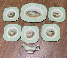 WOODS IVORY WARE -  PALE GREEN SQUARE FISH PLATES, CHARGER and GRAVY BOAT