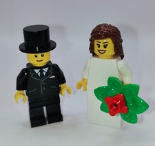 LEGO Bride  & Groom Minifigure (Black Suit & Black Tie) Set with Flowers NEW