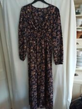 Women's Dark Navy Floral Maxi Dress V-neck Longsleeved Empire Line Size L