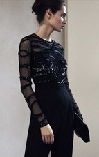 Reiss Black Jumpsuit Size 12 Sequins Long Sleeve Christmas Party Salie Embellish