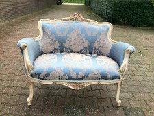 Sofa Couch French Louis XVI Vintage Blue Damask Cream Beech Hand-Carved Frame