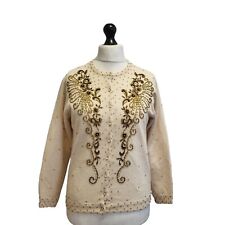 Vintage Beaded Cardigan 50s 60s Wool Beads Sequins Pearl Button L EU 40