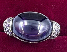 TOVA Sterling Silver Purple Chalcedony Cabochon Gemstone & CZ Ring Size N