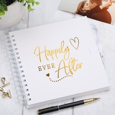 Happily Ever After White Wedding Guest book Scrapbook Photo album Gold Script