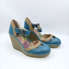 Fly London Turquoise Yuna Wedge Leather Sandals Women's UK Size 6.5 Vintage