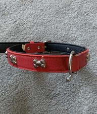 Red Leather Dog Collar (Large) & Matching Lead With Silver Bone Design