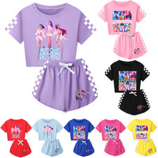 Kids Pop Music Girls Tracksuit Cosplay Costume Crop Top Tee+Shorts Outfits Sets