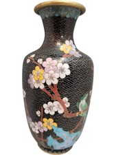 Japanese Cloisonné Vase Floral Design Black 8 Inch Collectible Decor