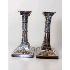 Antique Pair of Thomas Bradbury London Sterling Silver Column Candlesticks 1902