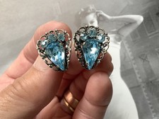 Vintage Filigree screw back blue crystal Earrings ~ stamped made in Australia 