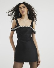 River Island Womens Mini Dress Black Diamante Bardot Sleeveless Low Back
