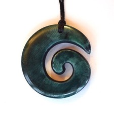 New Zealand Bone Pendant - Koru (Fern Frond) Green - carved in Maori tradition