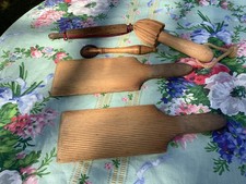 Selection Of Antique Vintage Wooden Kitchen Items. Rolling Pin. Butter Pats.