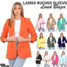 Womens Blazer Ruched Sleeve Lined Plain Collared Ladies Office Casual Jacket Top