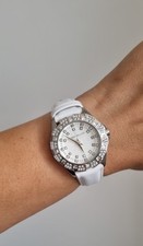 Karen Millen K082 Ladies Crystal Set Watch With White Leather Strap