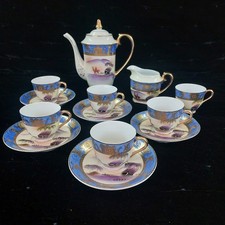 Foreign Vintage Blue and Gold Japanese Tea Set Mountain Scene Hand Painted