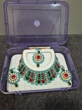 Indian Necklace Set In Light Blue Pearls With Red/green Stones & Cubic Zirconia 
