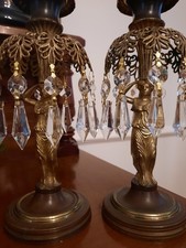 Antique Regency Gilt Brass Candlesticks. Figural Classical  Glass droplets