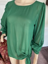 Ladies Emerald Green Floaty Chiffon Balloon Sleeve Tunic Top blouse bow side S14