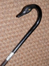 Victorian Ladies Hand-Carved Ebony Black Swan Walking Stick/Cane-Silver H/M 1899