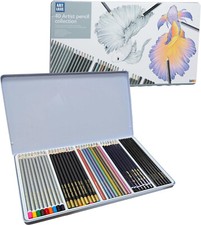40 Artist Colour Pencils Set & Storage Tin Watercolour Metallic Charcoal Drawing