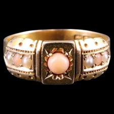 Victorian Coral & Pearl 15 Ct Gold Antique Ring Rare Chester Hallmark Beautiful