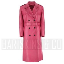 Leather Trench Coat Womens Pink Double Breasted Belted Long Jacket Chic Style