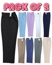 PACK 2 WOMENS HALF ELASTICATED TROUSERS STRETCH WAIST WORK OFFICE POCKETS PANTS