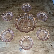 Vintage Pink Depression 'Blackberry Prunt' Glassware-  Bowl With 6 Dishes