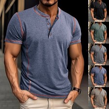 Mens Henley Grandad Button V Neck Shirts Tops Short Sleeve Casual T Shirt Blouse
