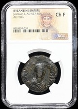 Byzantine Empire. Justinian I, 527-565AD. Æ Follis. NGC Choice Fine.