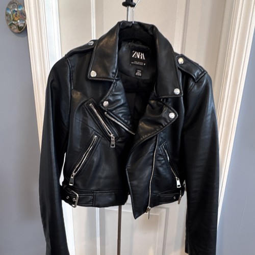 Zara black faux leather biker - zara,